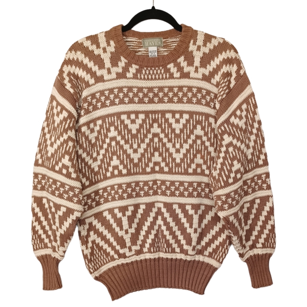 CHRISTOPHER HAYES Brown White Chevron Stripe Print Grandpa Knit Sweater Small